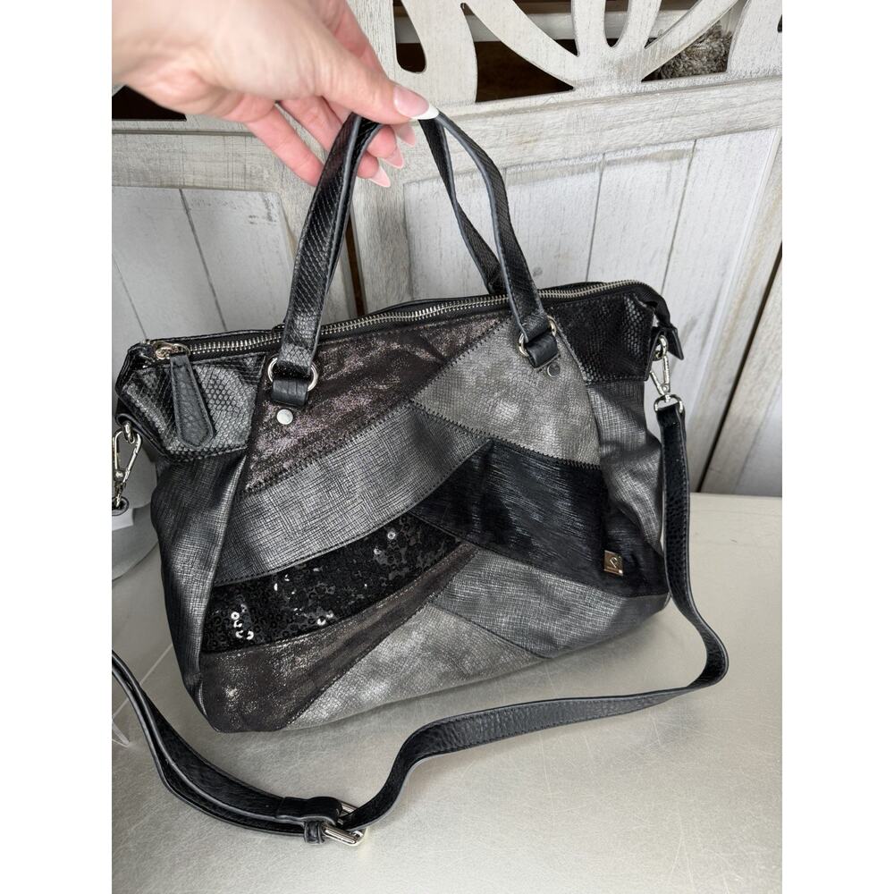 Black Sequin Leather Purse Made in Spain by Paula Vera Designer Hobo